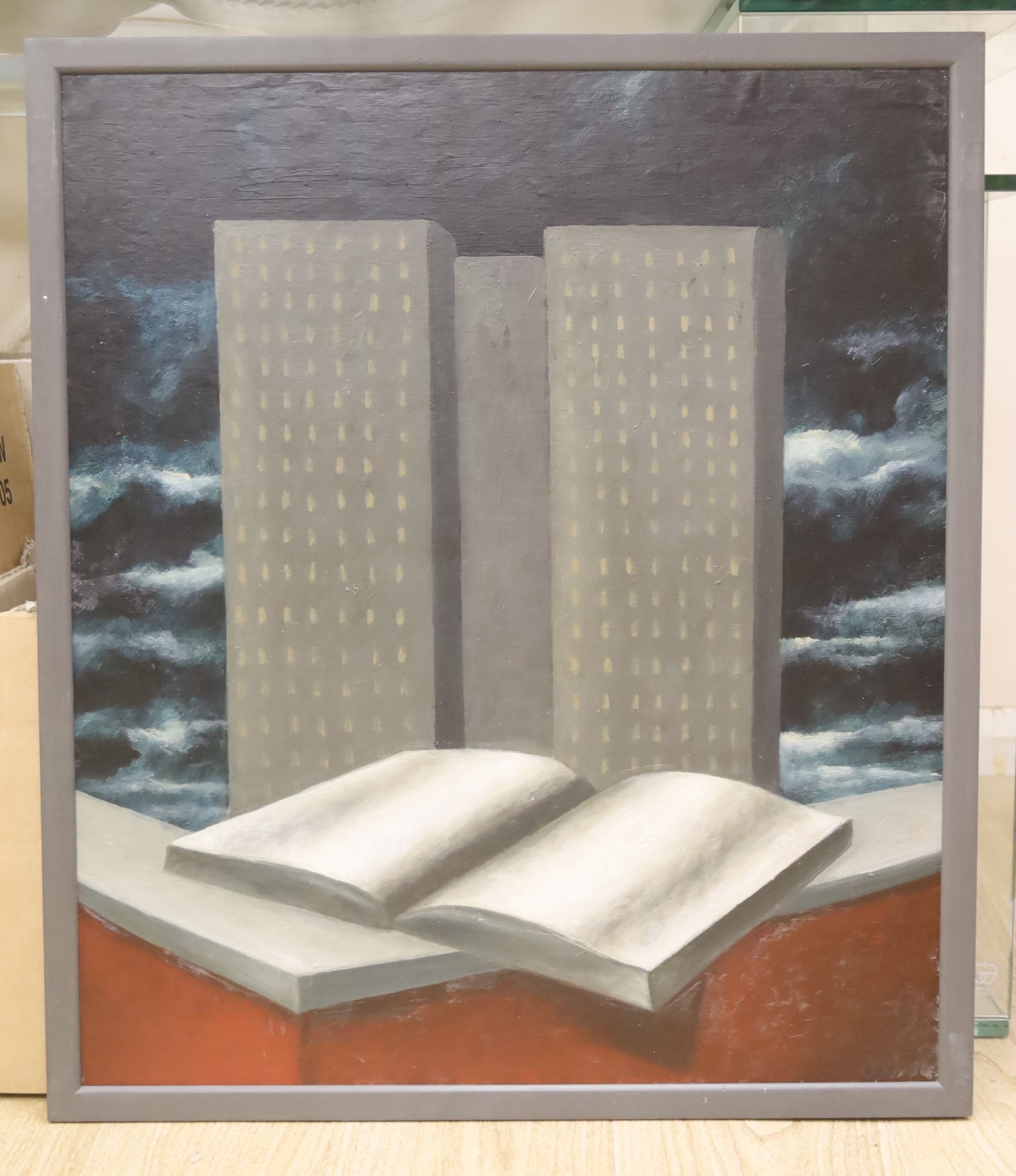 David Hosie (Scottish b.1962), oil on paper, Tower Block 1989, signed, label verso, 64 x 55cm